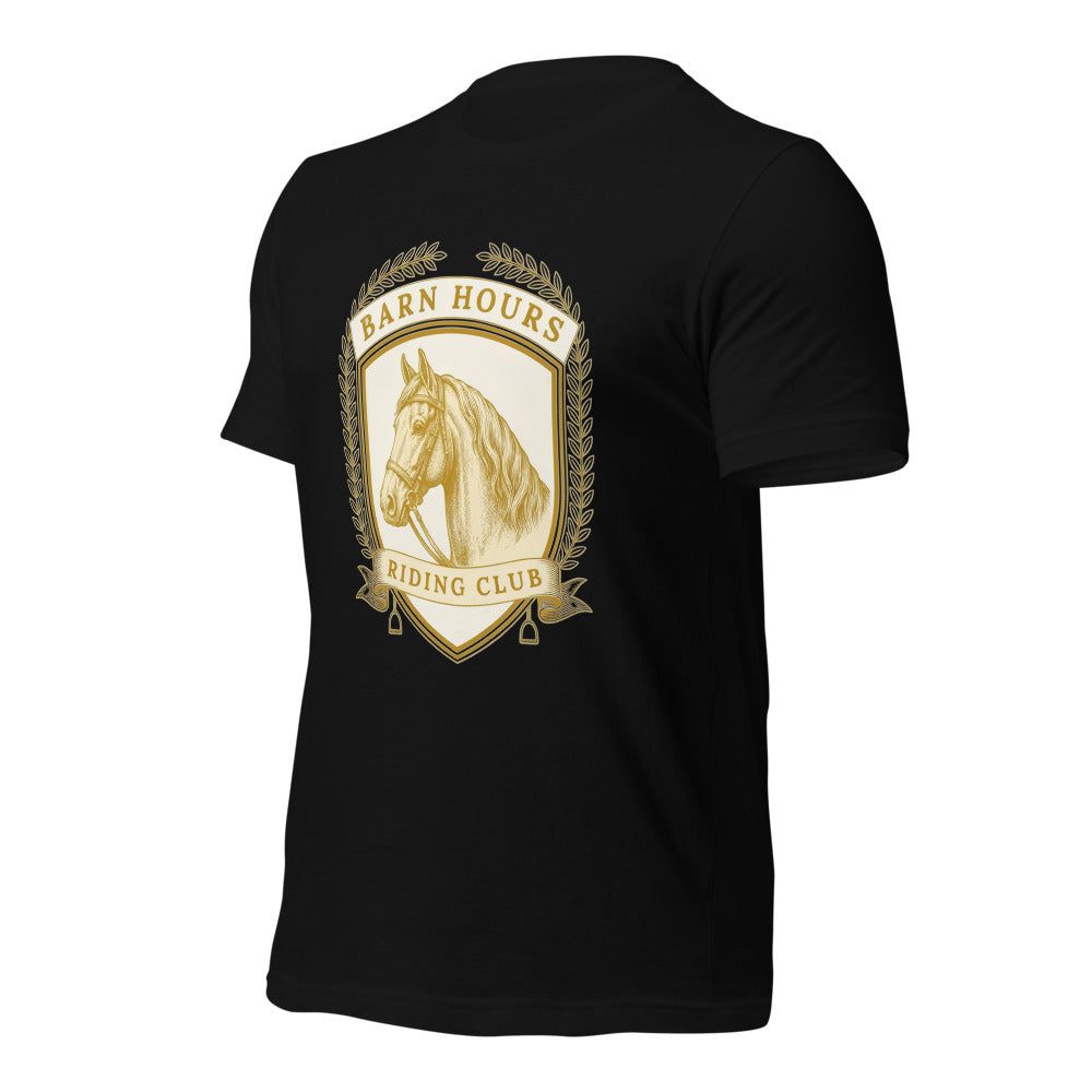 Barn Hours Riding Club vintage equestrian stable crest t-shirt — Black, front-right