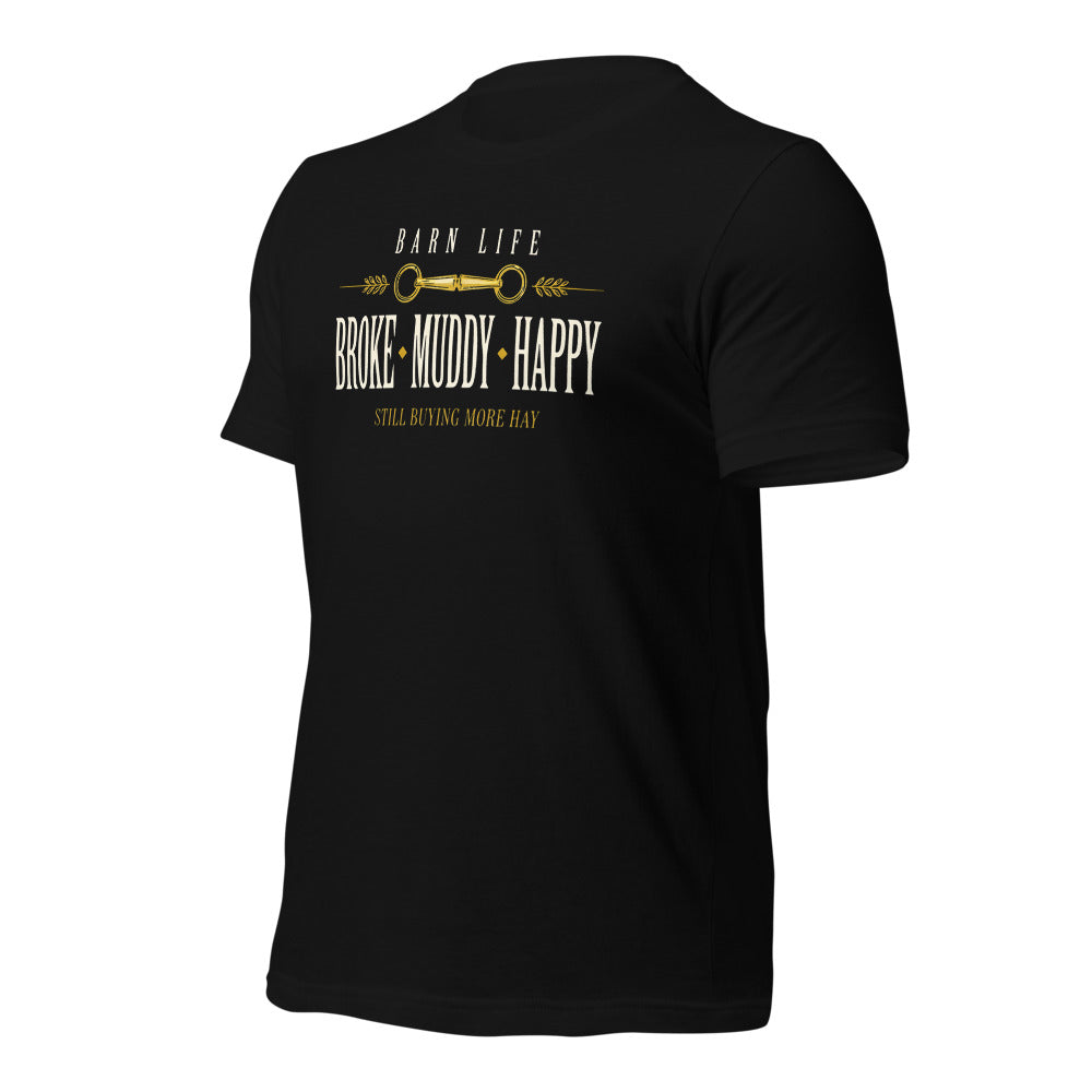 Broke Muddy Happy funny barn life equestrian t-shirt — Black, front-right