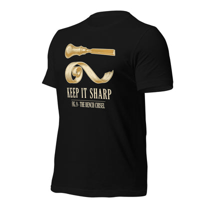 Keep It Sharp woodworking tee — Black, front-right