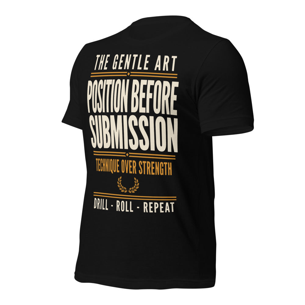 Position Before Submission Brazilian jiu jitsu t-shirt — Black, front-right