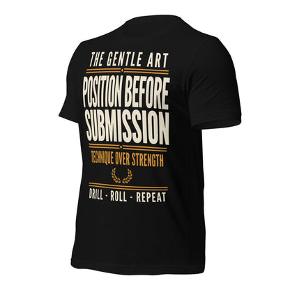 Position Before Submission Brazilian jiu jitsu t-shirt — Black, front-right