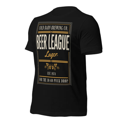 Beer League Cold Barn Brewing lager t-shirt — Black, front-right