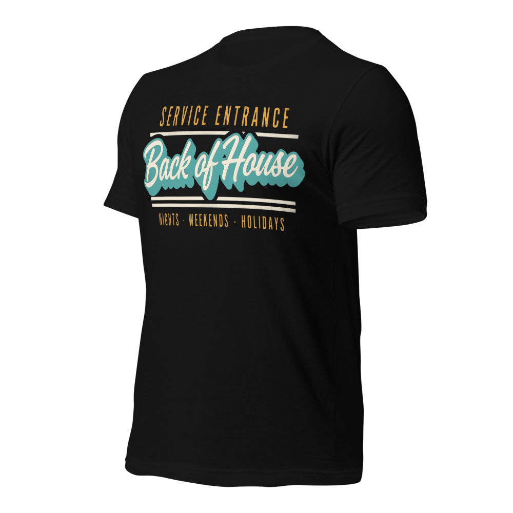 Line Cook Back of House retro diner service sign t-shirt — Black, front-right