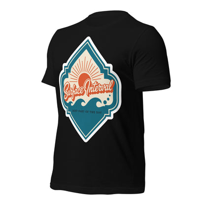 Surface Interval vintage scuba diving travel decal t-shirt — Black, front-right
