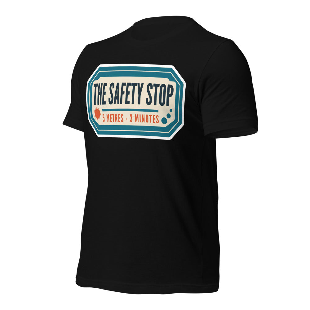 The Safety Stop vintage scuba diving travel decal t-shirt — Black, front-right