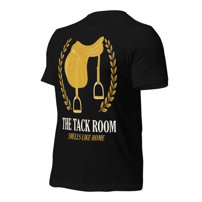 The Tack Room engraved equestrian saddle crest t-shirt — Black, front-right