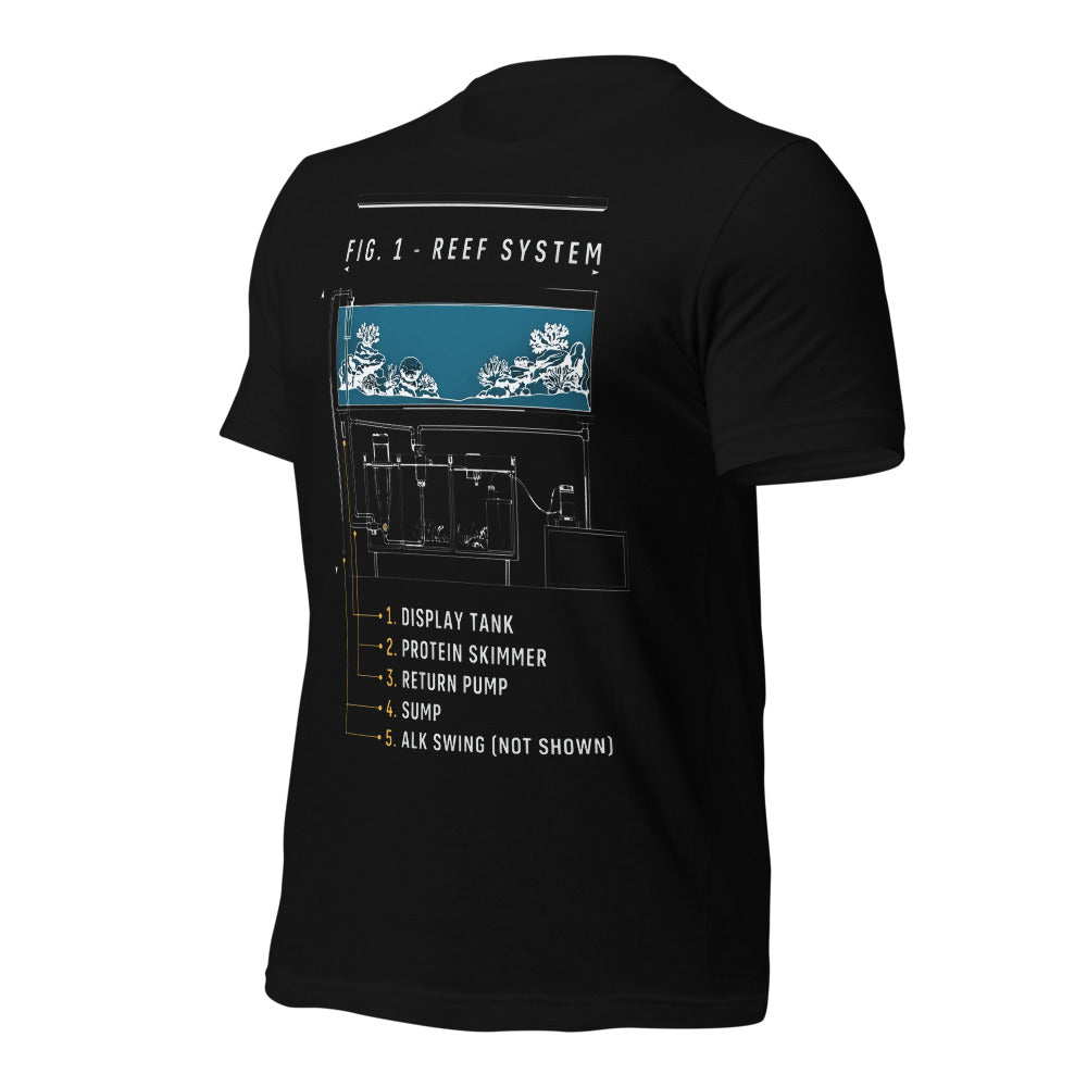 Reef System technical cutaway saltwater aquarium t-shirt — Black, front-right