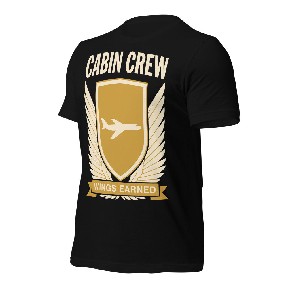 Wings Earned flight attendant tee — Black, front-right
