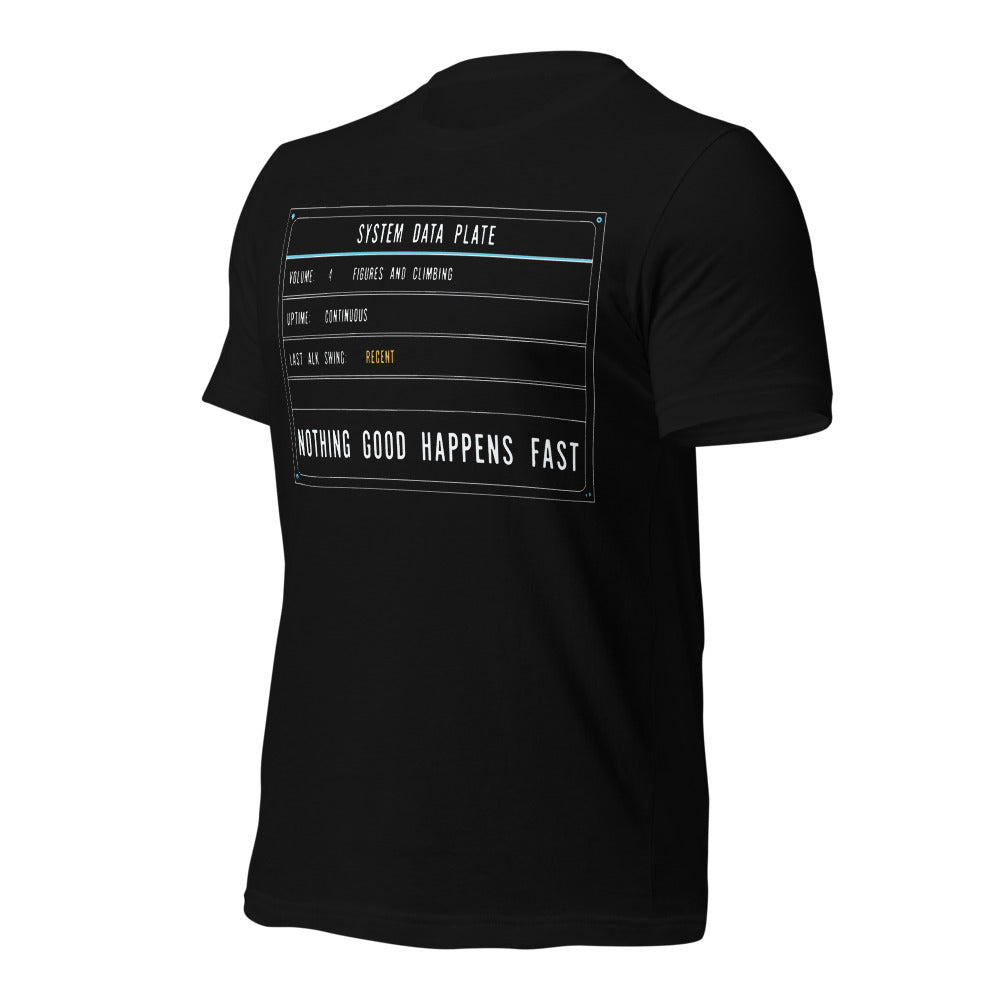 Nothing Good Happens Fast reef system data plate saltwater aquarium t-shirt — Black, front-right