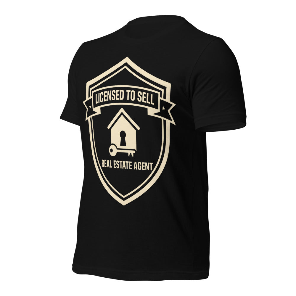 Licensed to Sell real estate agent tee — Black, front-right