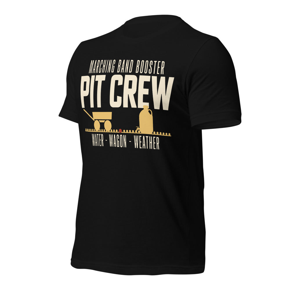 Pit Crew marching band booster t-shirt — Black, front-right