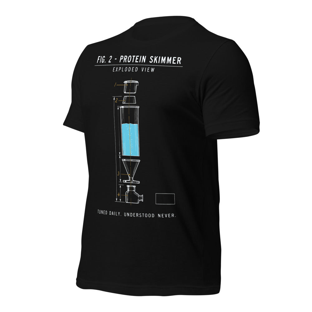 Protein Skimmer Exploded View reef tank saltwater aquarium t-shirt — Black, front-right