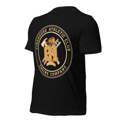 Firehouse Athletic Club retro firefighter emblem tee — Black, front-right