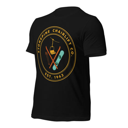 Stonepine Chairlift Co. retro vintage ski club badge t-shirt — Black, front-right