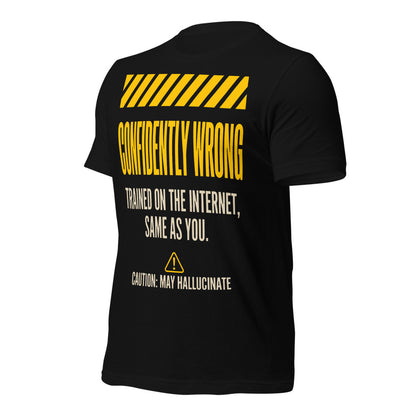 Confidently Wrong AI hazard-label unisex t-shirt — Black, front-right