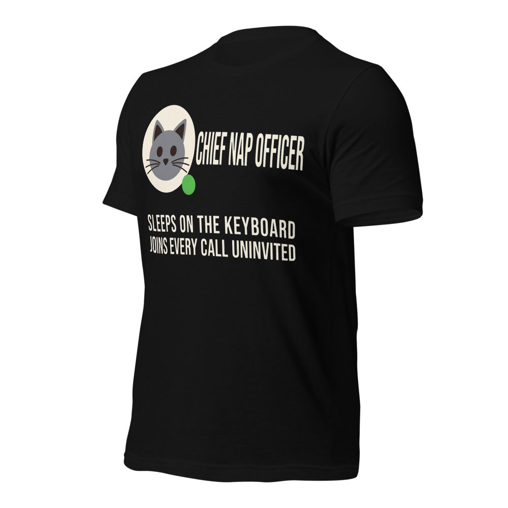 Chief Nap Officer cat profile card unisex t-shirt — Black, front-right