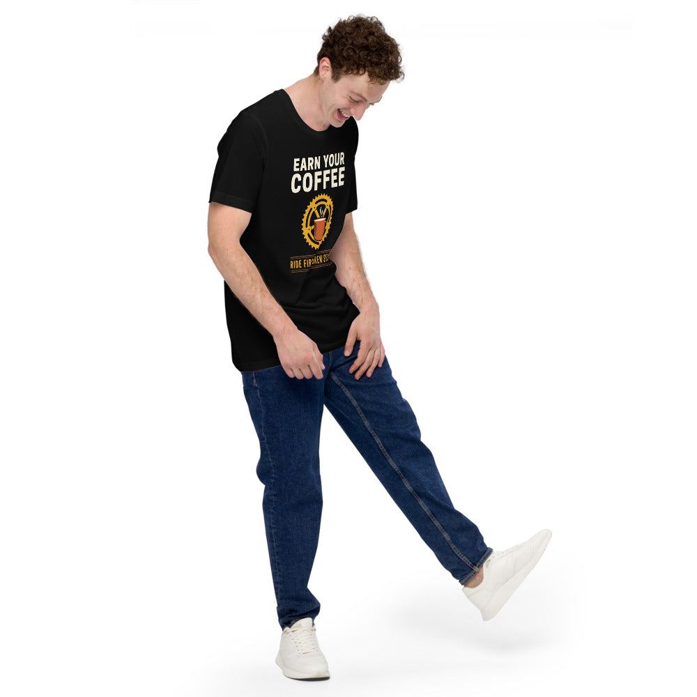 Earn Your Coffee retro cycling coffee t-shirt — Black, on model