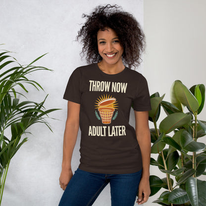 Throw Now Adult Later disc golf retro tee on model — Brown