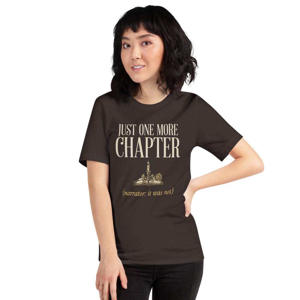 Just One More Chapter book lover dark academia tee — Brown, on model