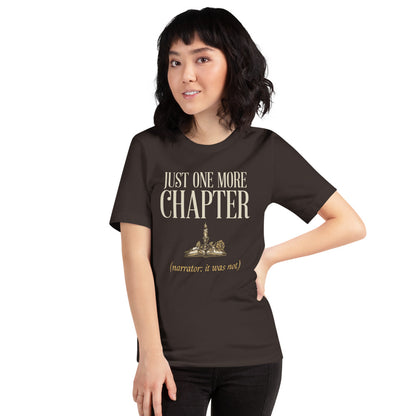 Just One More Chapter book lover dark academia tee — Brown, on model