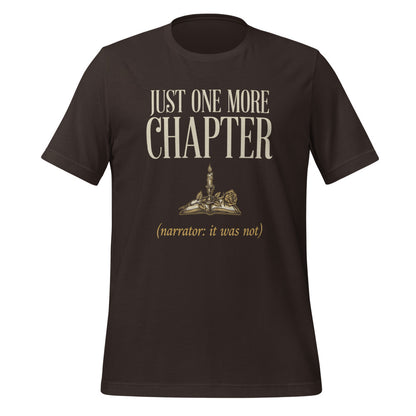 Just One More Chapter book lover dark academia tee — Brown, front