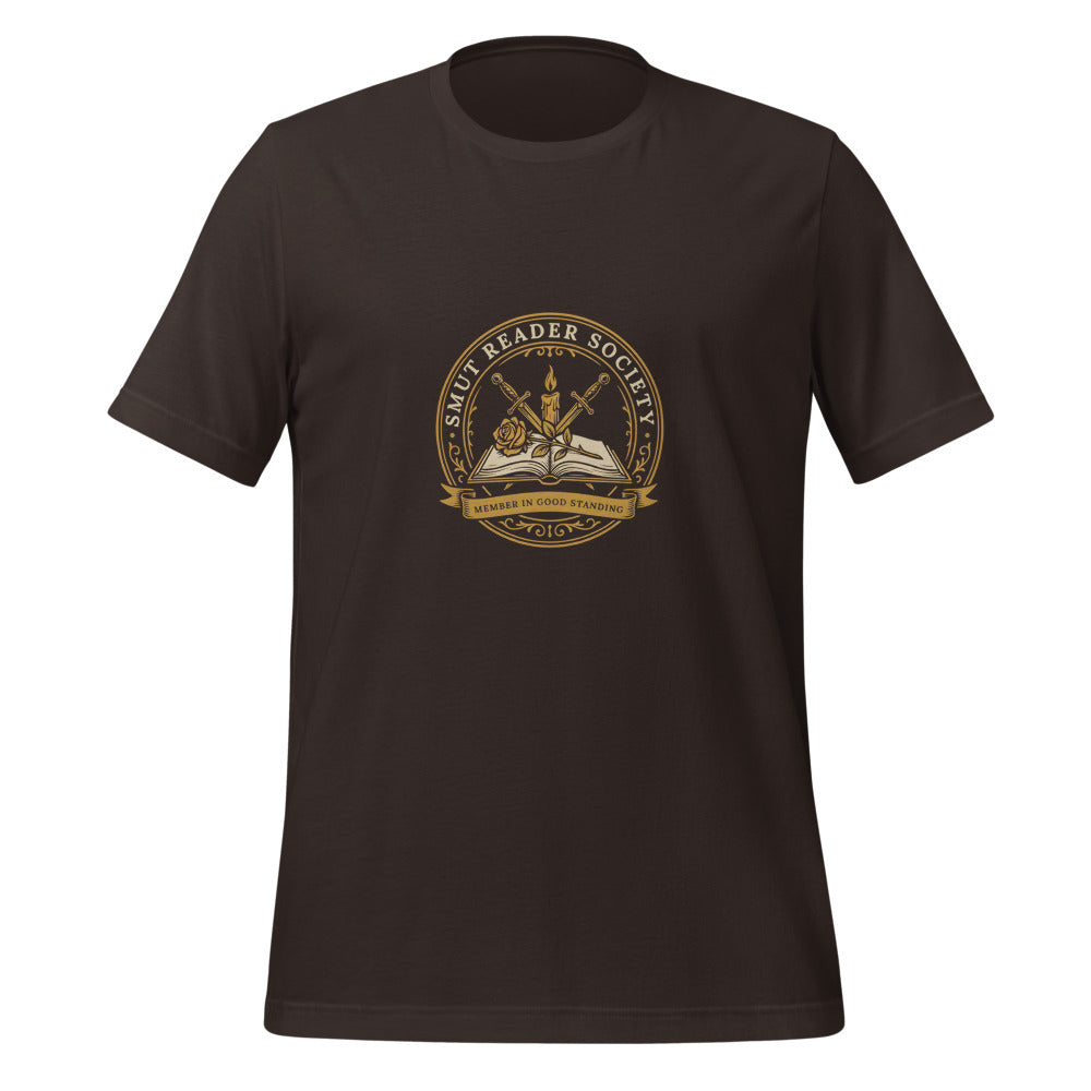 Smut Reader Society book lover dark academia tee — Brown, front