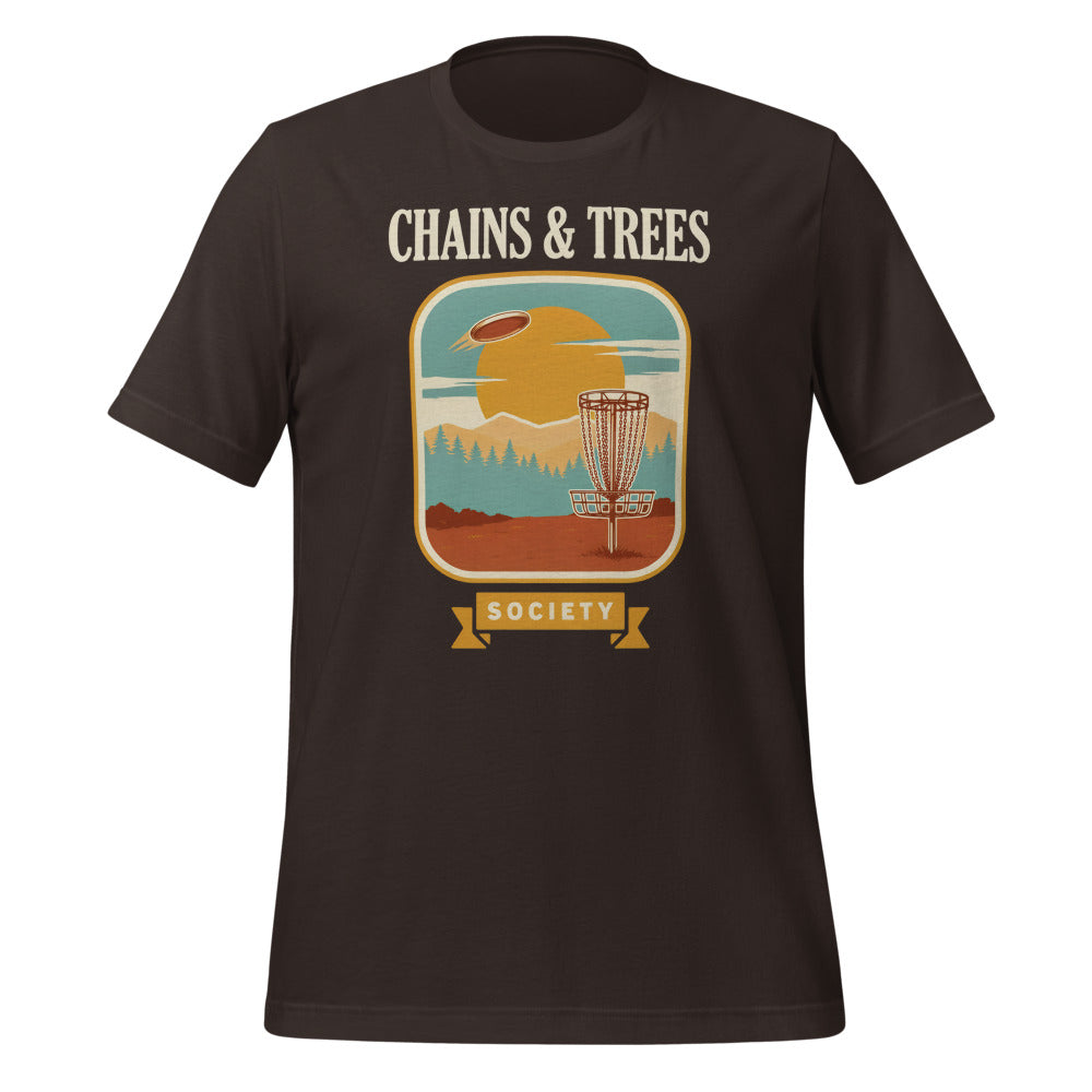 Chains & Trees Society disc golf retro landscape tee — Brown, front