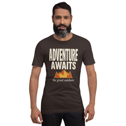 Adventure Awaits retro outdoors typography tee — Brown, on model