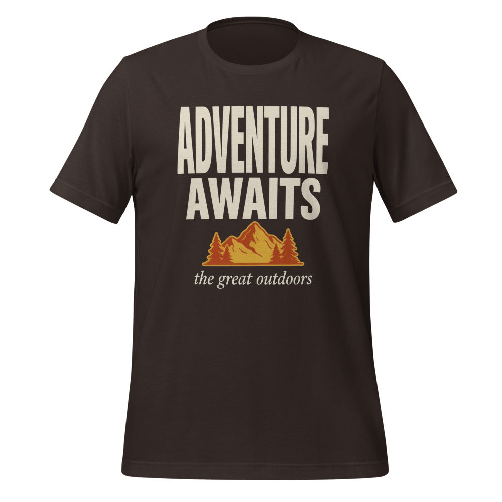 Adventure Awaits retro outdoors typography tee — Brown, front