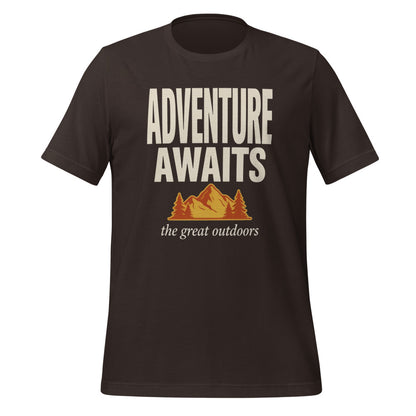 Adventure Awaits retro outdoors typography tee — Brown, front