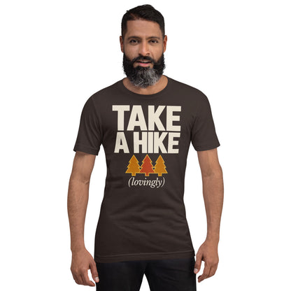 Take a Hike retro outdoors humor typography tee — Brown, on model