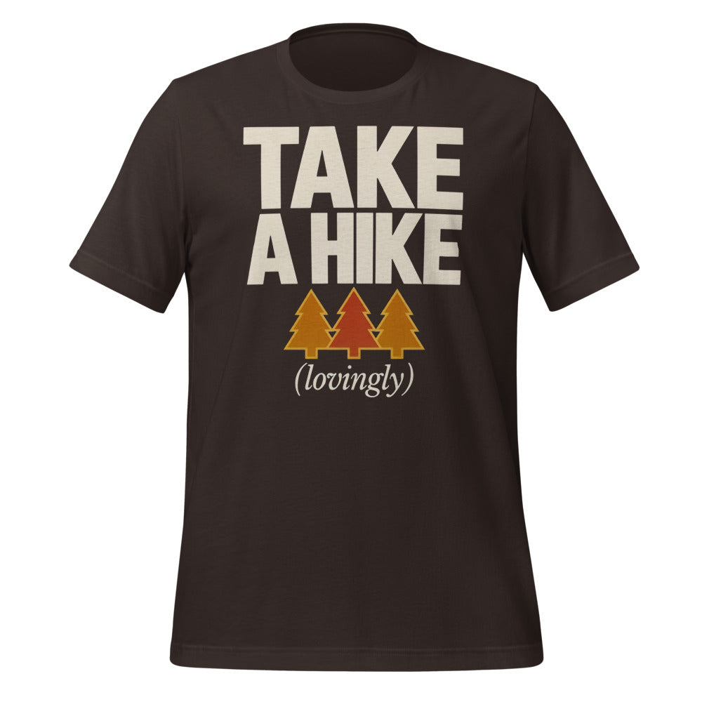 Take a Hike retro outdoors humor typography tee — Brown, front