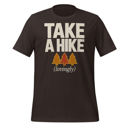 Take a Hike retro outdoors humor typography tee — Brown, front