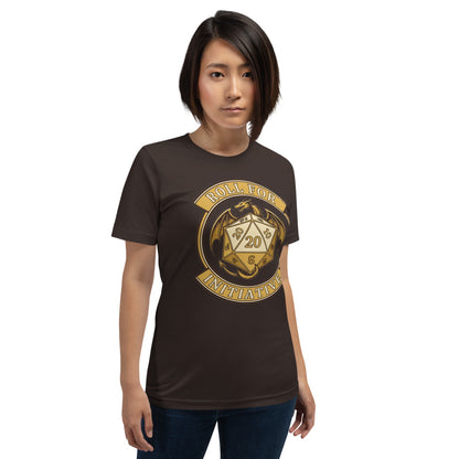 Roll For Initiative d20 dragon tabletop RPG tee — Brown, on model
