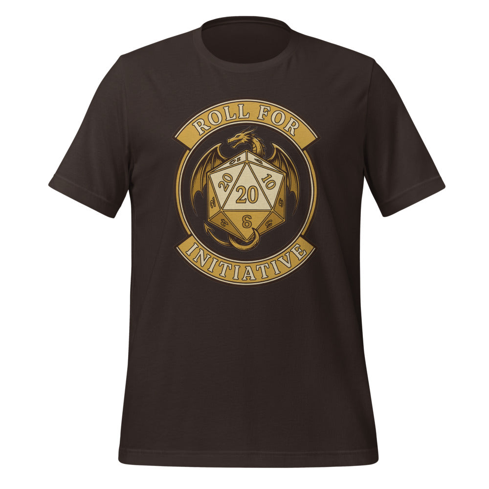 Roll For Initiative d20 dragon tabletop RPG tee — Brown, front
