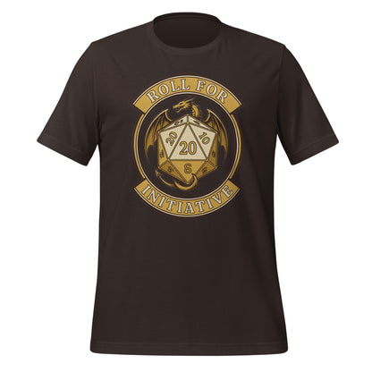 Roll For Initiative d20 dragon tabletop RPG tee — Brown, front