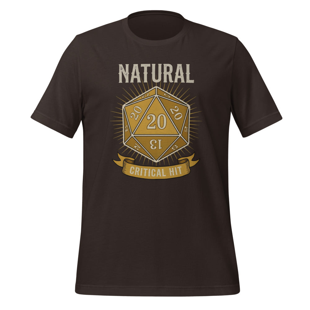 Natural 20 critical hit d20 tabletop RPG tee — Brown, front