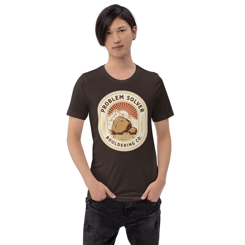 Problem Solver Bouldering Badge t-shirt — Brown, on model