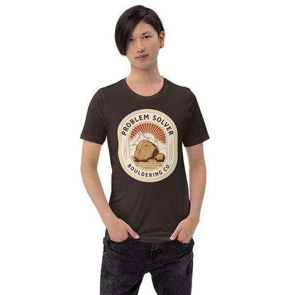 Problem Solver Bouldering Badge t-shirt — Brown, on model