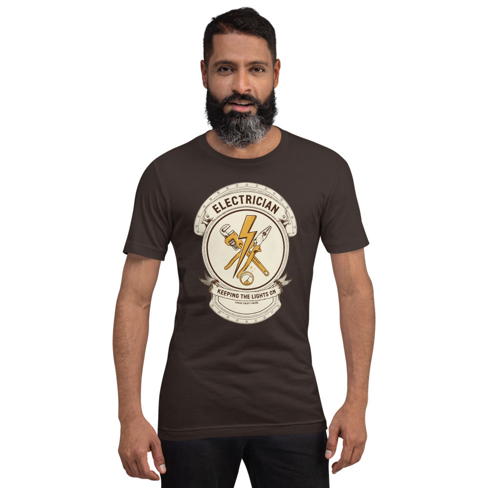 Electrician Journeyman trade crest tee — Brown, on model