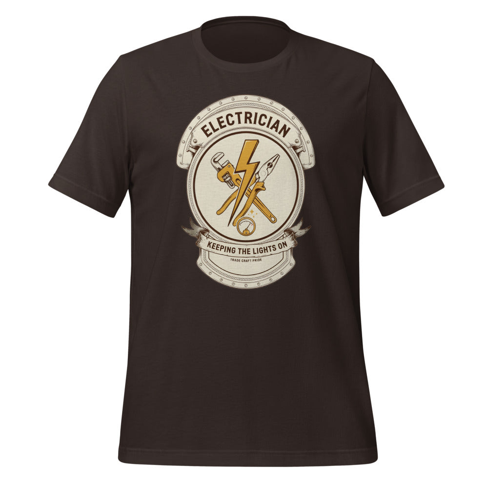 Electrician Journeyman trade crest tee — Brown, front