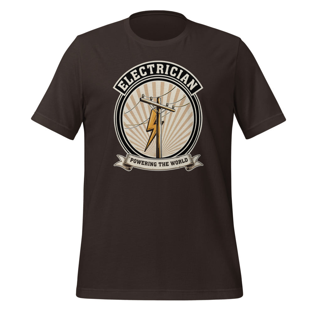 Powering The World electrician emblem tee — Brown, front