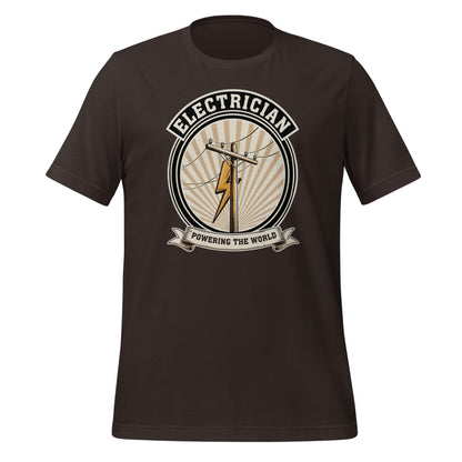 Powering The World electrician emblem tee — Brown, front