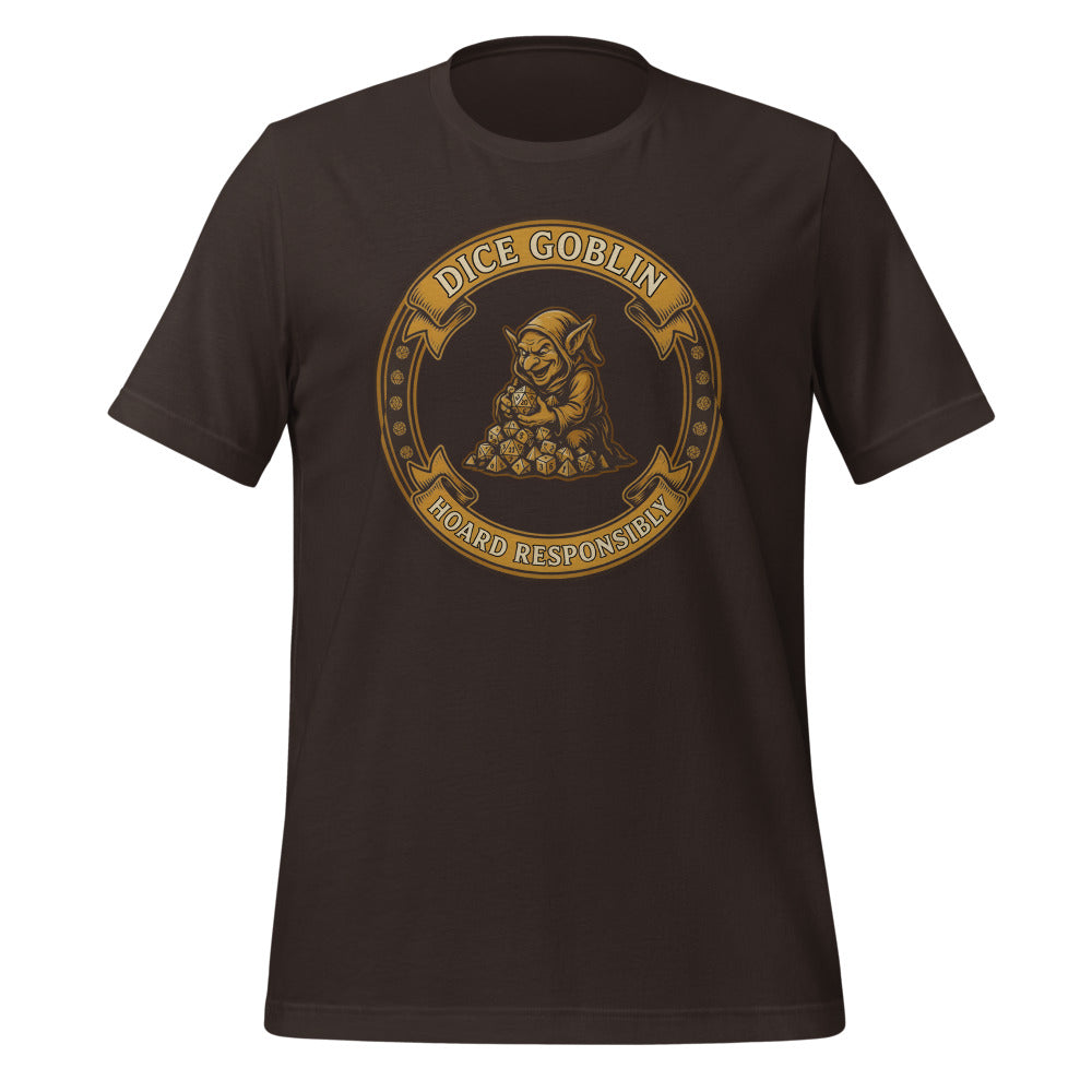 Dice Goblin Hoard Responsibly tabletop RPG tee — Brown, front