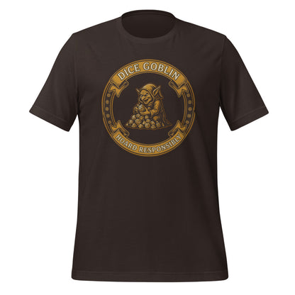 Dice Goblin Hoard Responsibly tabletop RPG tee — Brown, front