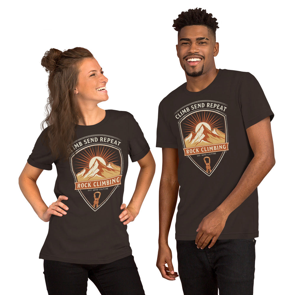 Climb Send Repeat mountaineering crest t-shirt — Brown, on model