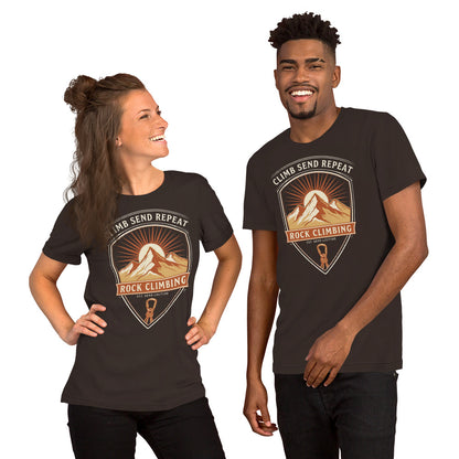Climb Send Repeat mountaineering crest t-shirt — Brown, on model
