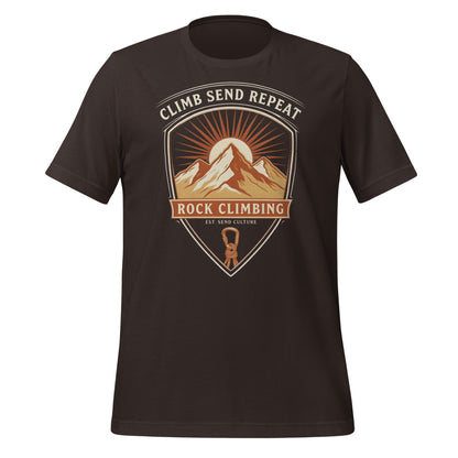 Climb Send Repeat mountaineering crest t-shirt — Brown, front