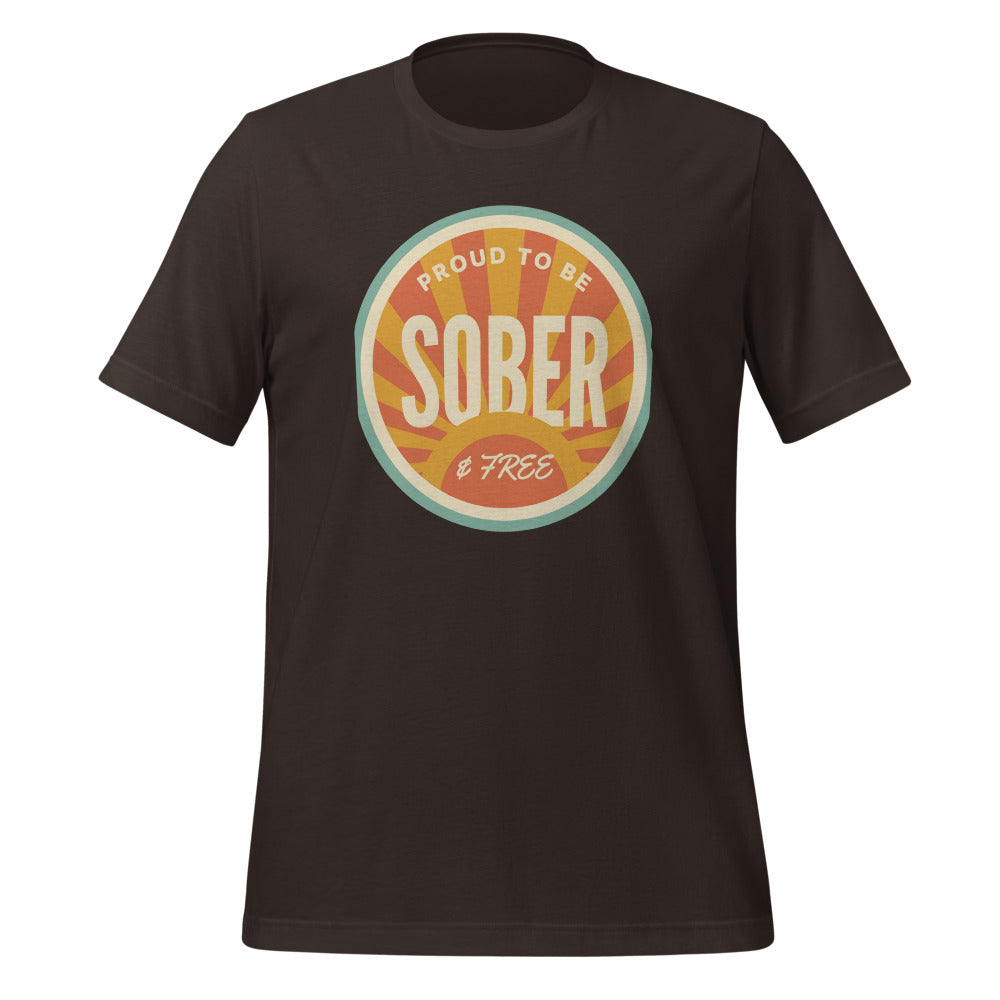 Sober & Proud retro sunburst tee — Brown, front