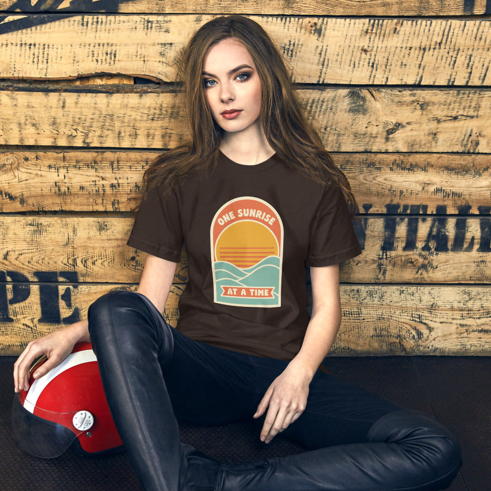 One Sunrise at a Time retro sunrise tee — Brown, on model